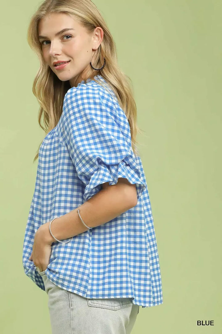 Gingham check V-neck blouse with ruffle puff sleeves