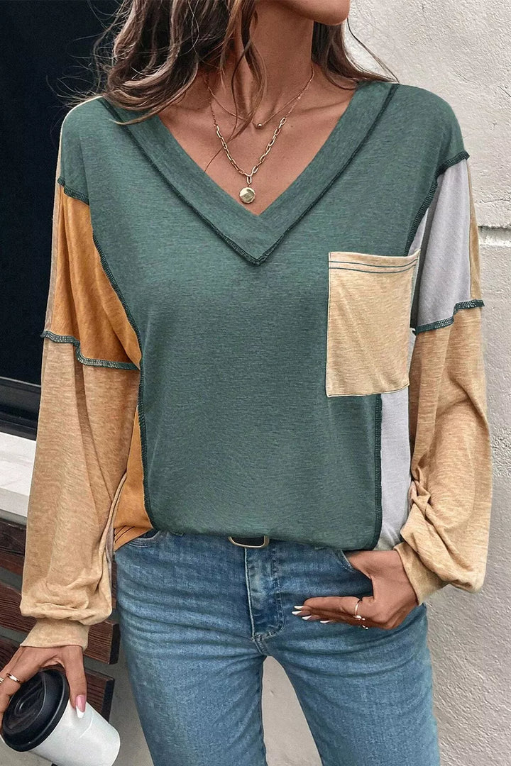 Air Force Blue Color block V-neck long sleeve top with chest pocket