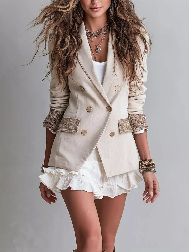 Cream Double-breasted blazer with paisley embroidered cuffs and pockets