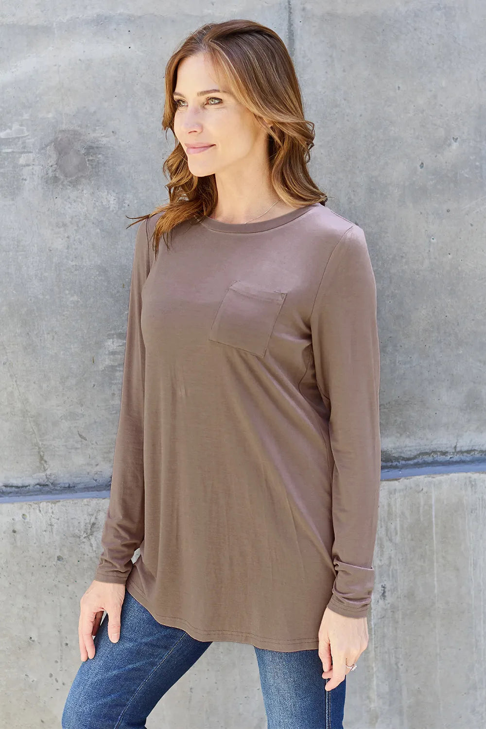 Long sleeve round neck tunic top with chest pocket