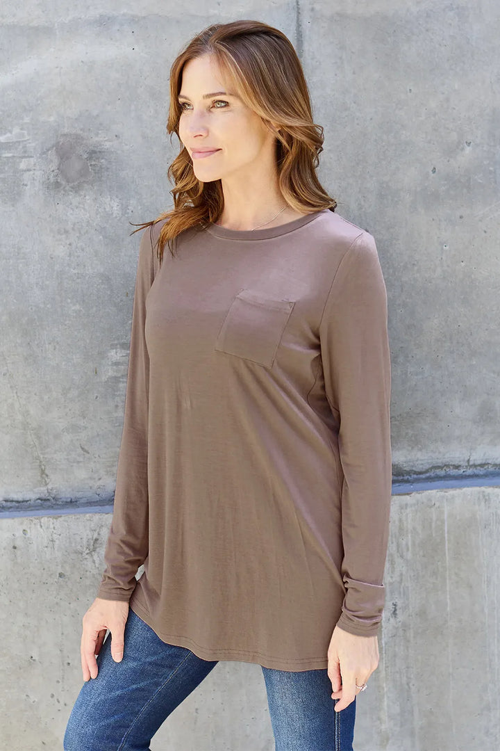 Long sleeve round neck tunic top with chest pocket