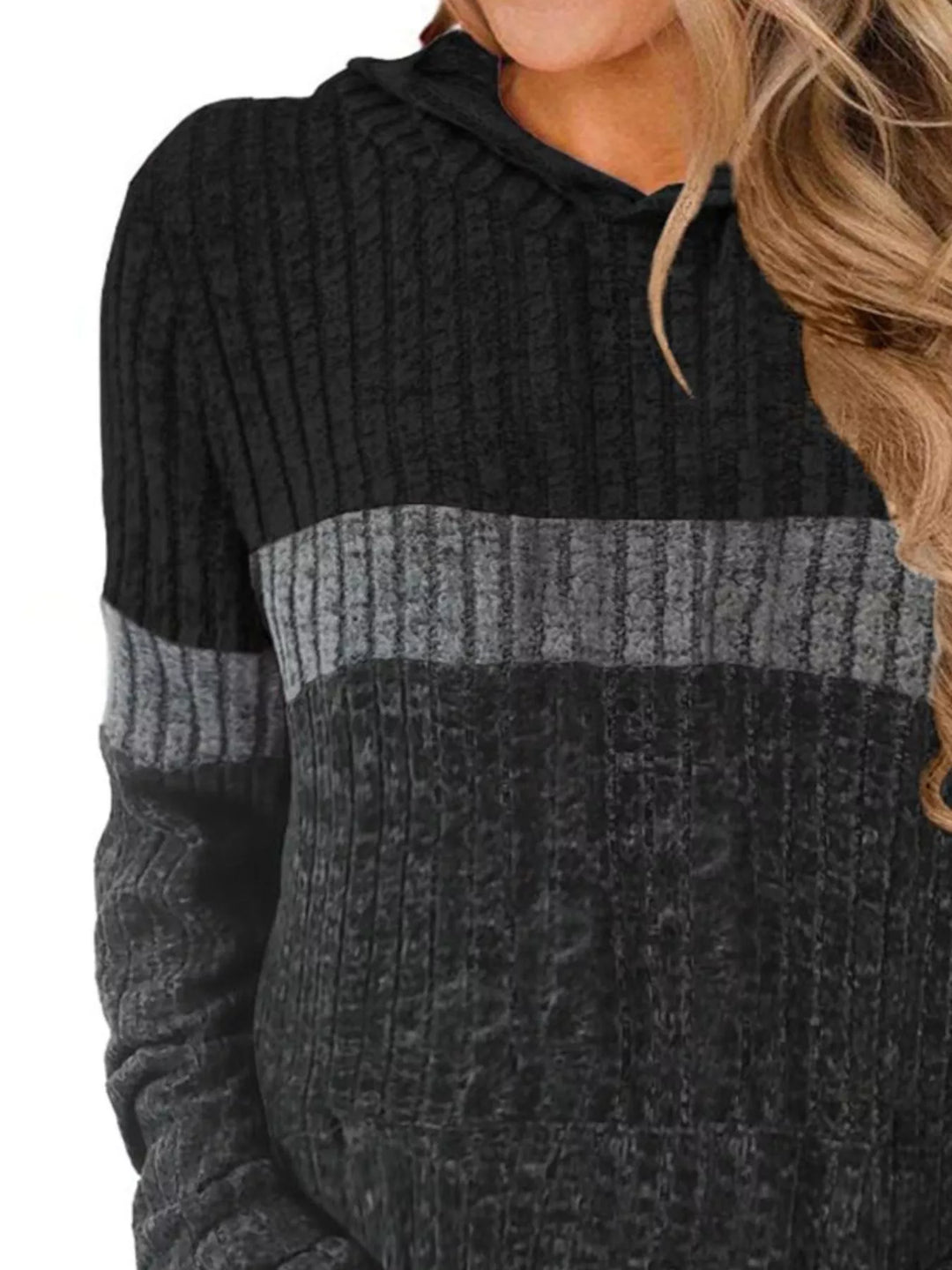 Color block ribbed knit hoodie with kangaroo pocket