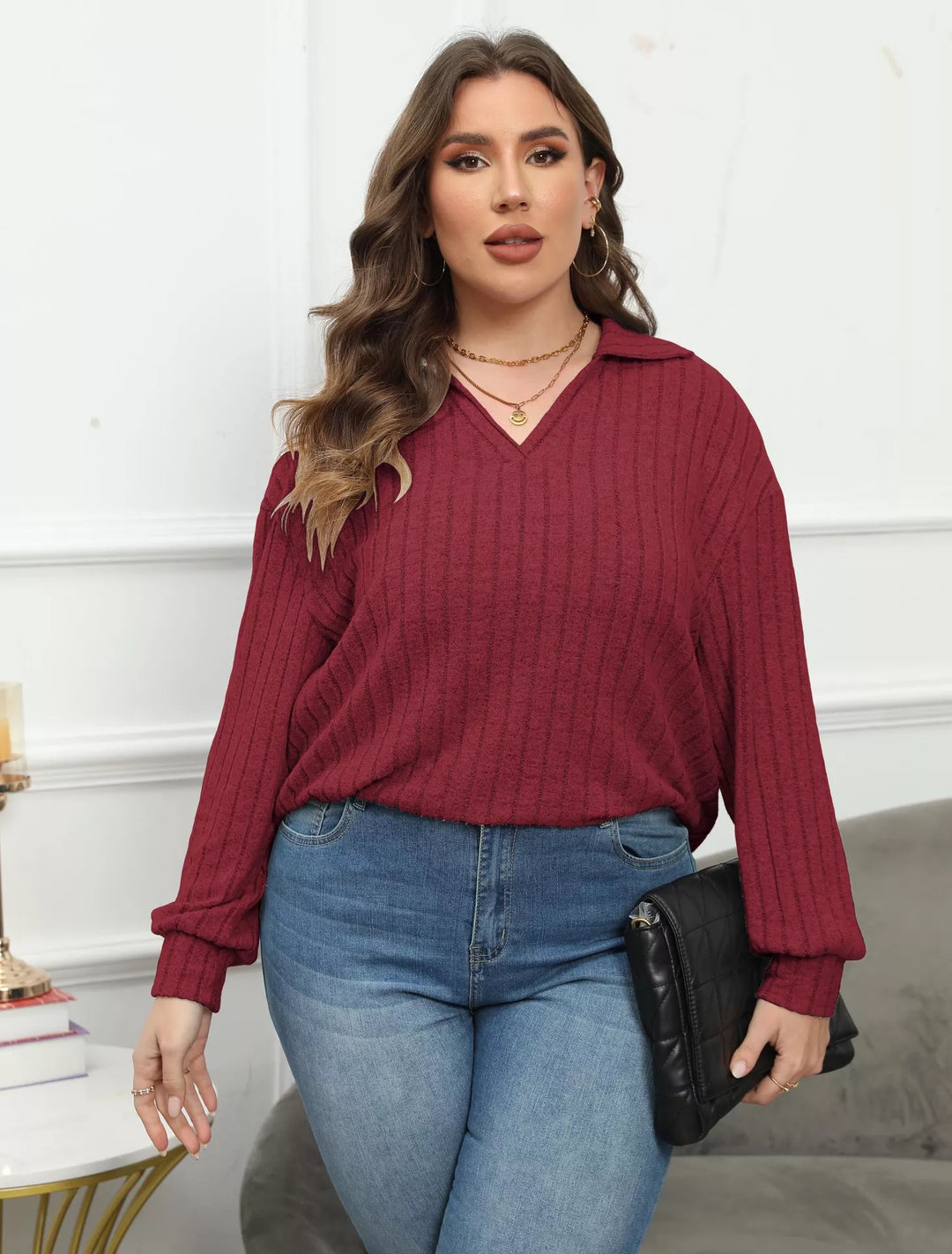 Plus size ribbed knit polo collar long-sleeve top