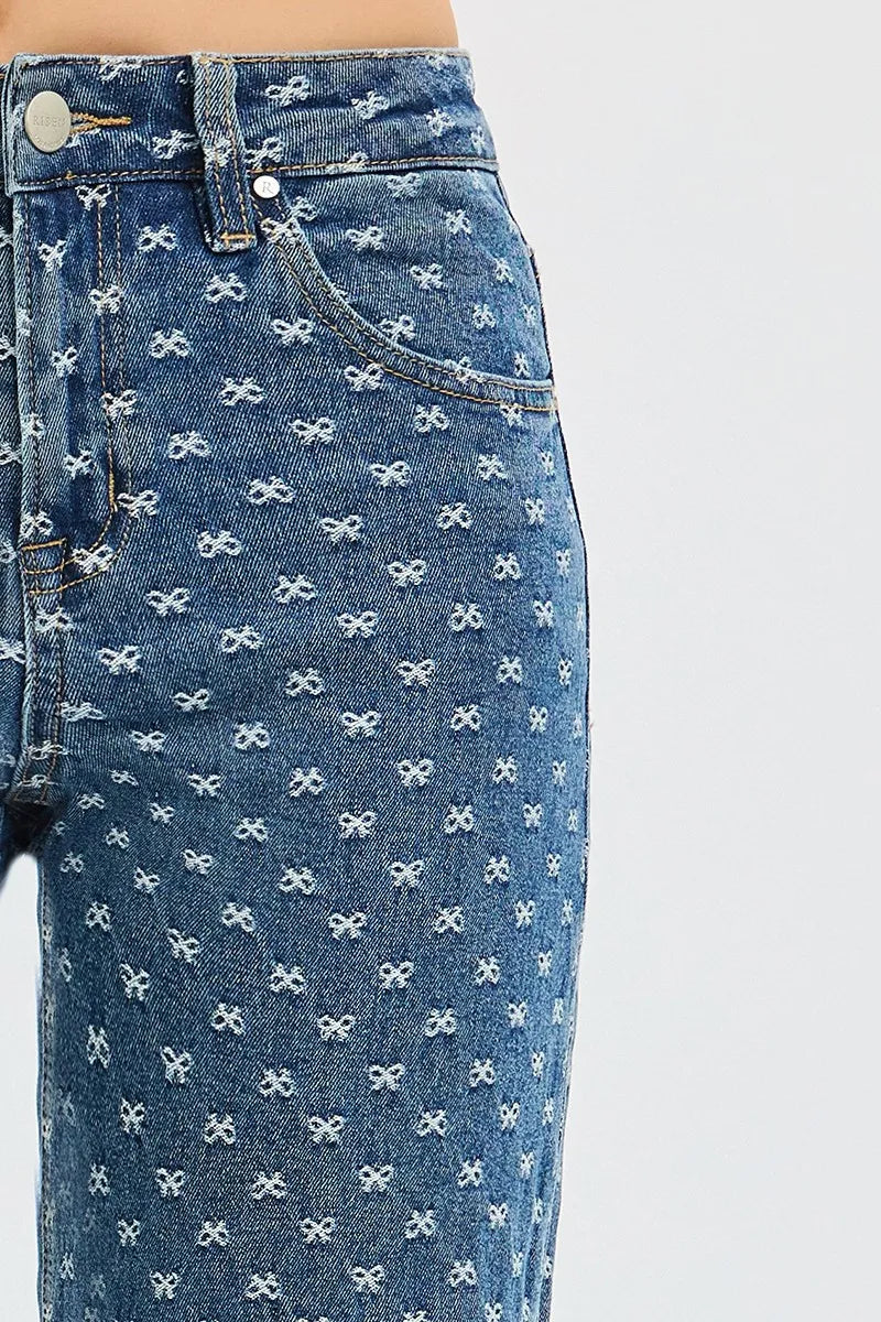 Bow-embroidered high-rise wide leg jeans