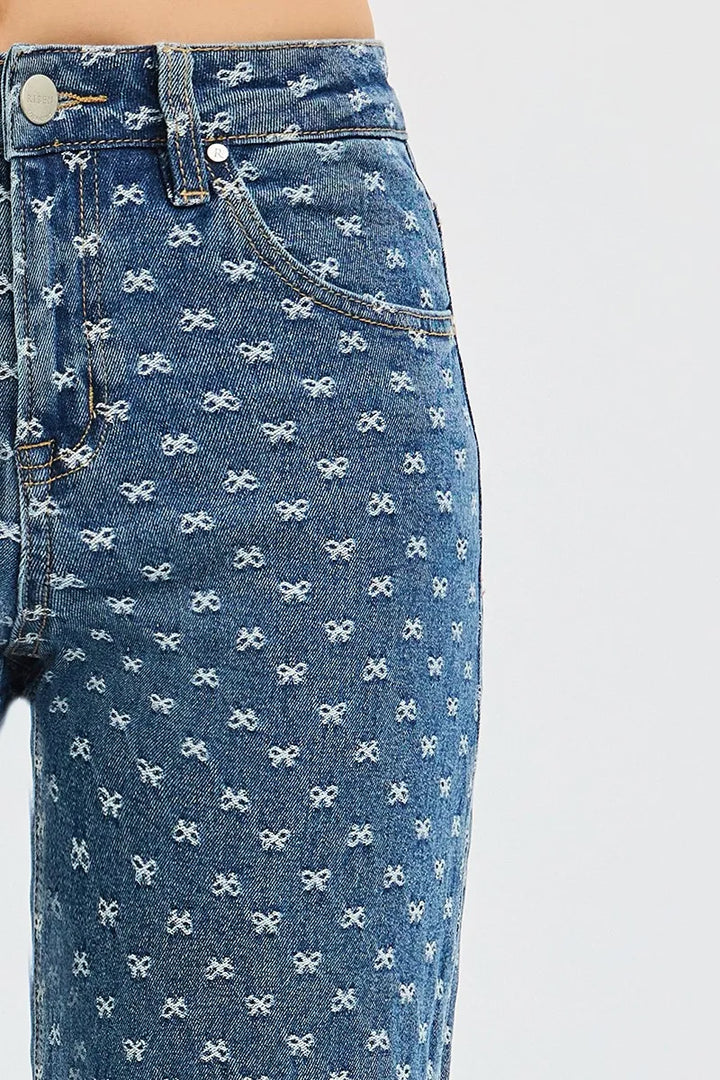 Bow-embroidered high-rise wide leg jeans