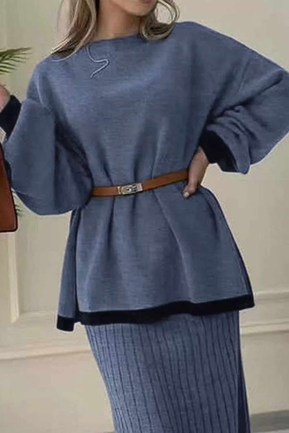 Contrast trim knit sweater top and ribbed maxi skirt set