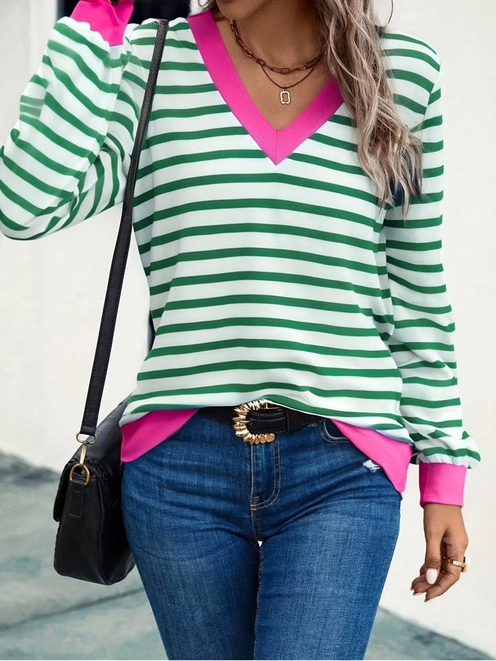 Green Striped V-neck long sleeve top with contrast trim