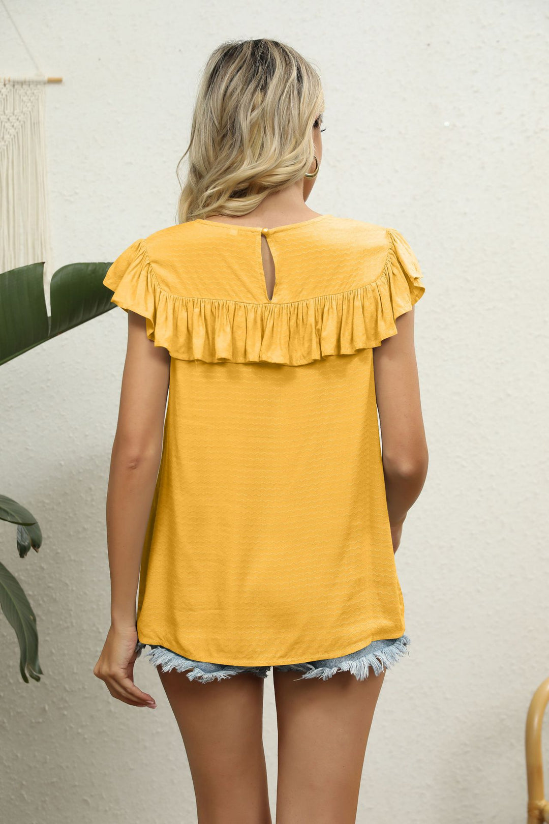 Crochet lace yoke flutter sleeve ruffle blouse
