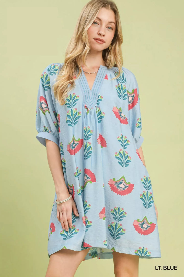 LT. BLUE Floral block print V-neck mini dress with puff sleeves