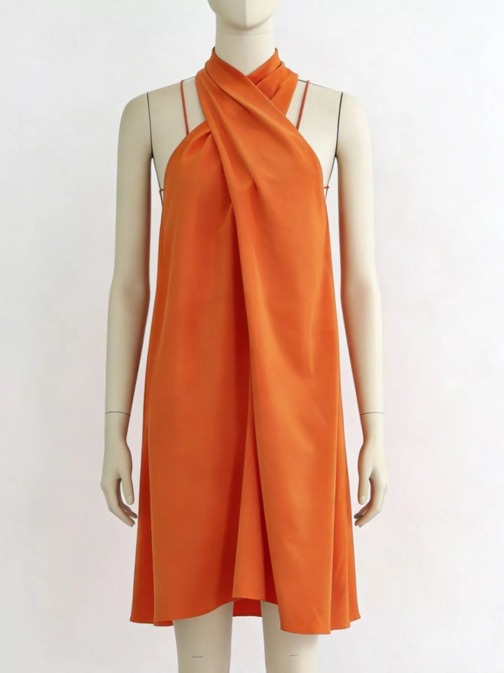 Crossover halter neck sleeveless flowy mini dress