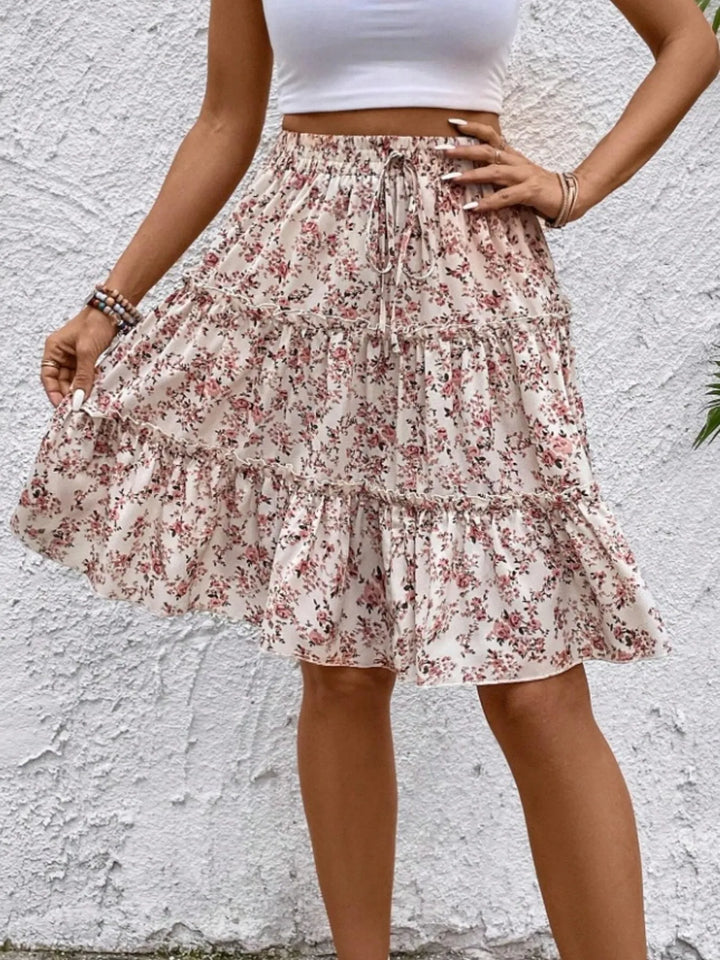 Floral print tiered ruffle mini skirt
