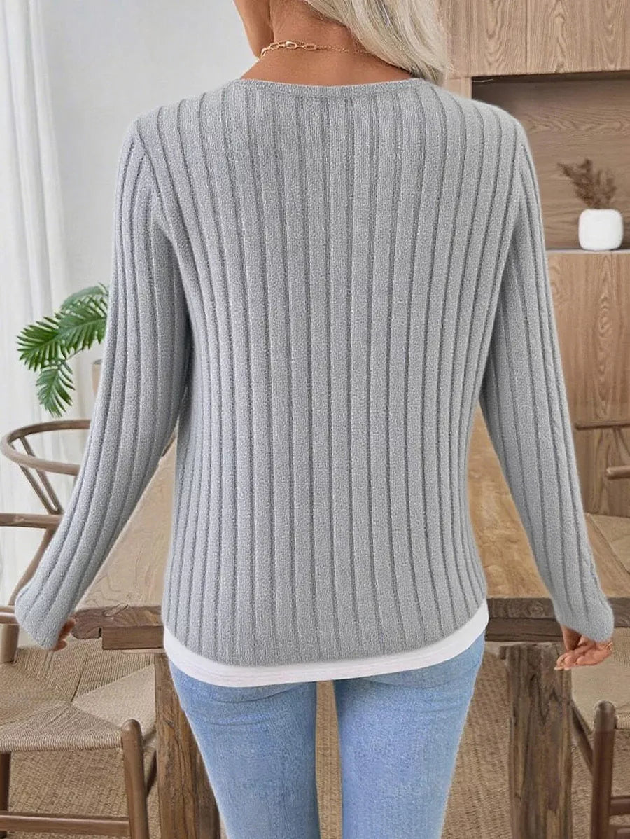 Ribbed knit layered-look long sleeve top with button trim