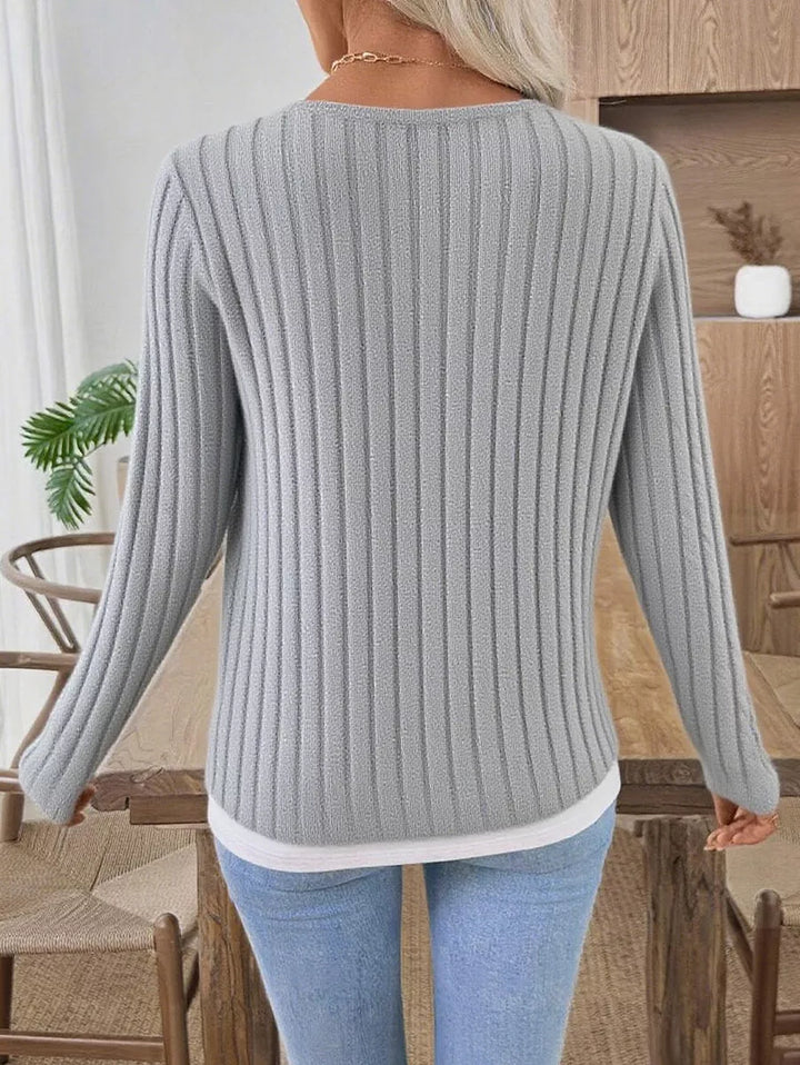 Ribbed knit layered-look long sleeve top with button trim