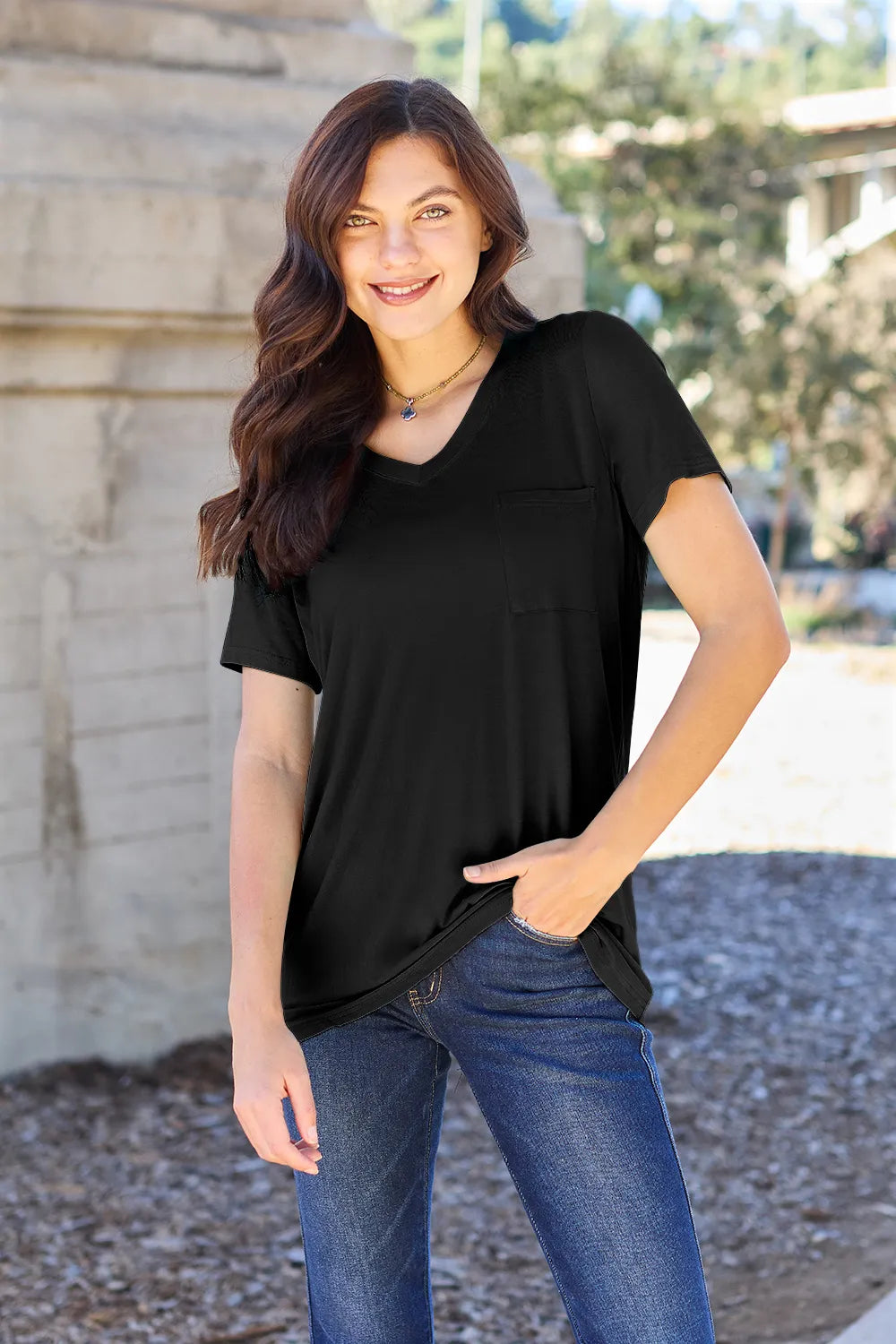 Black V-neck short sleeve bamboo tee with chest pocket