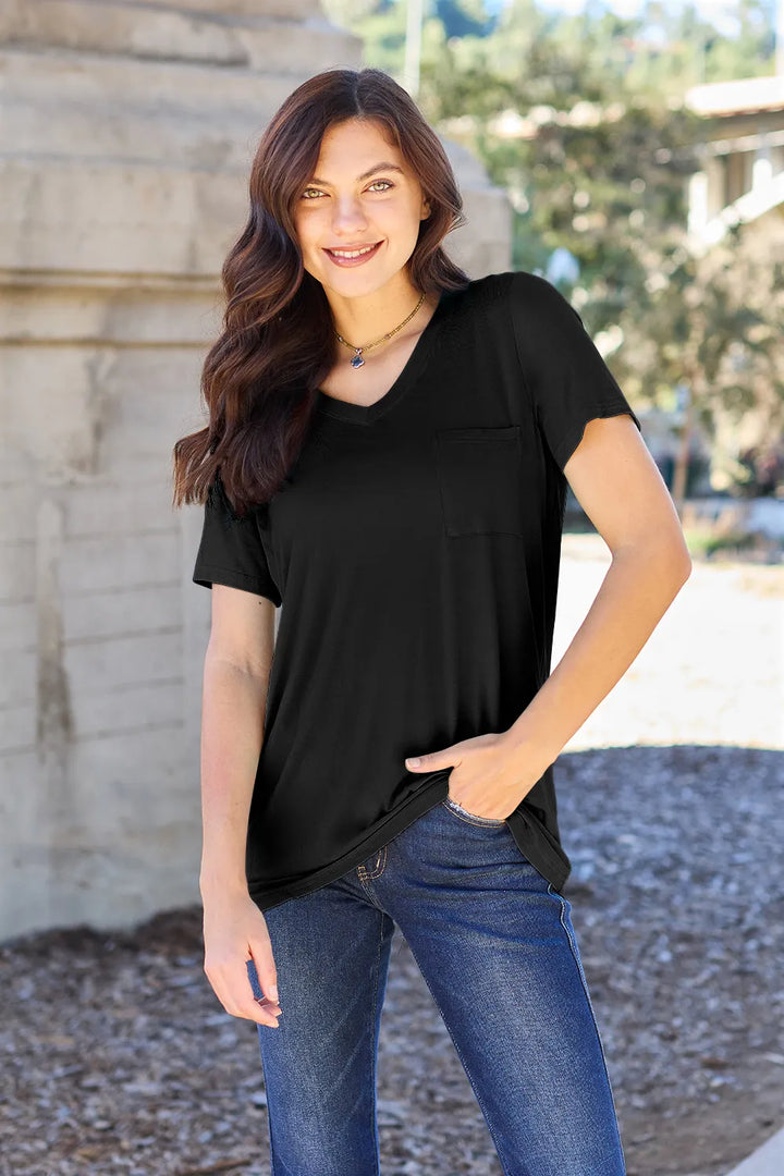 Black V-neck short sleeve bamboo tee with chest pocket