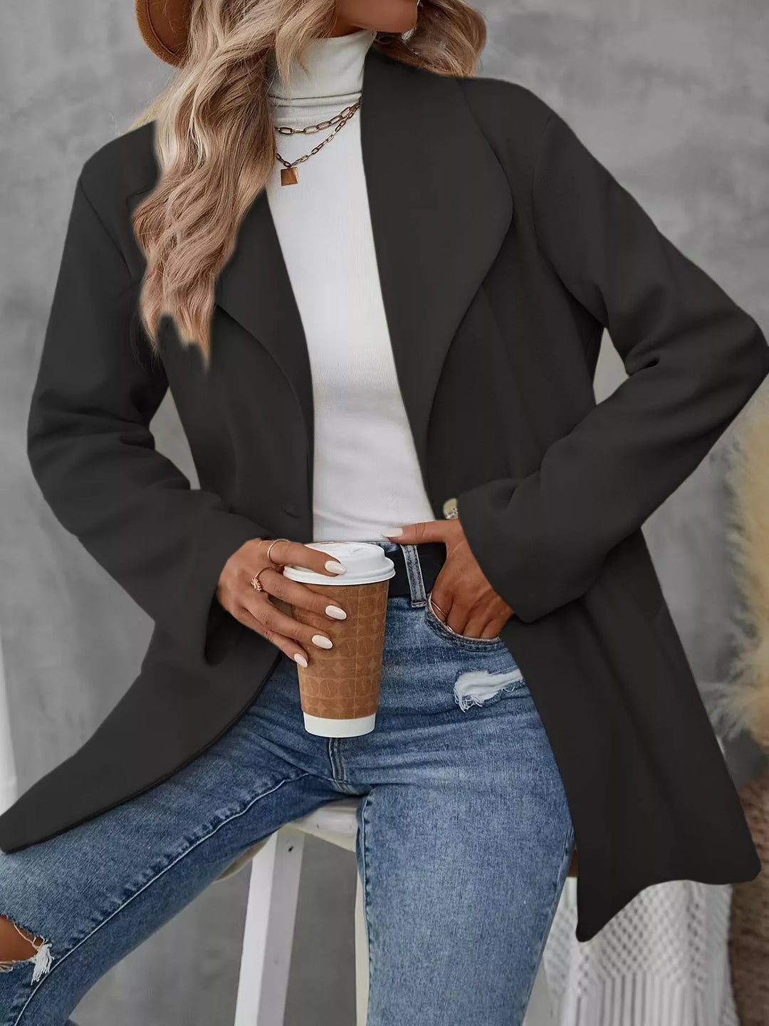 Single-button lapel collar mid-length overcoat