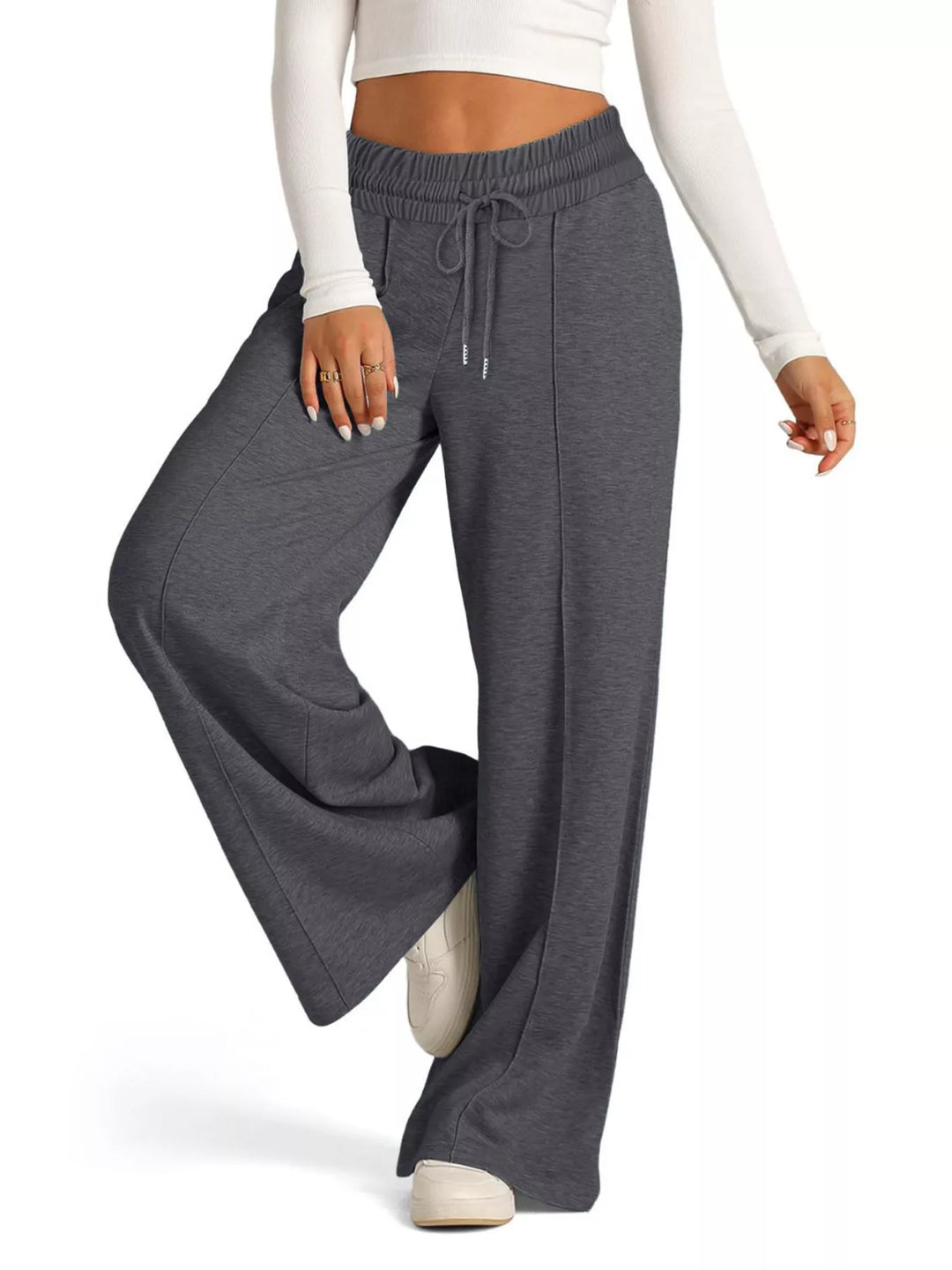 Wide-leg drawstring pants with elastic waist and pockets