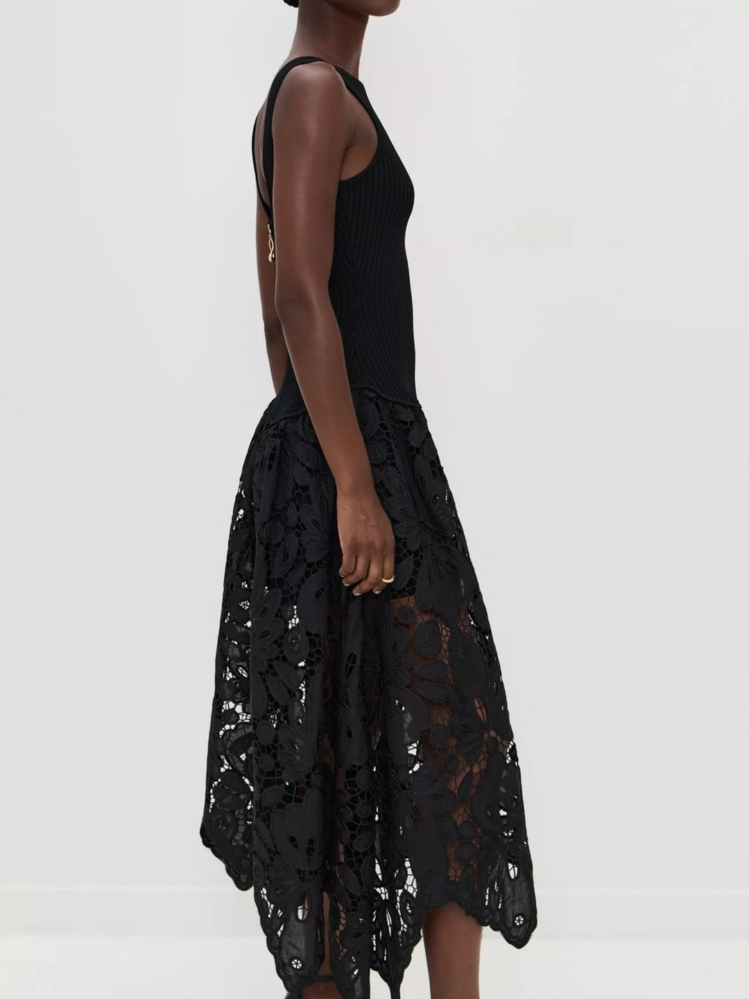 Sleeveless ribbed knit and crochet handkerchief-hem midi dress