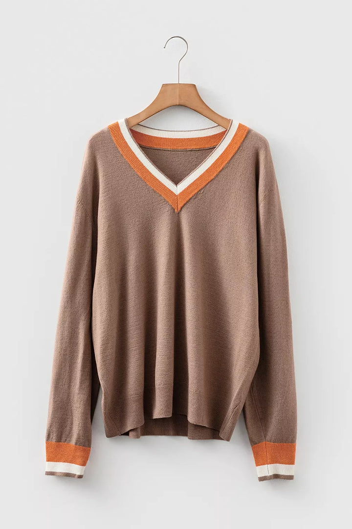 Contrast stripe V-neck knit pullover sweater