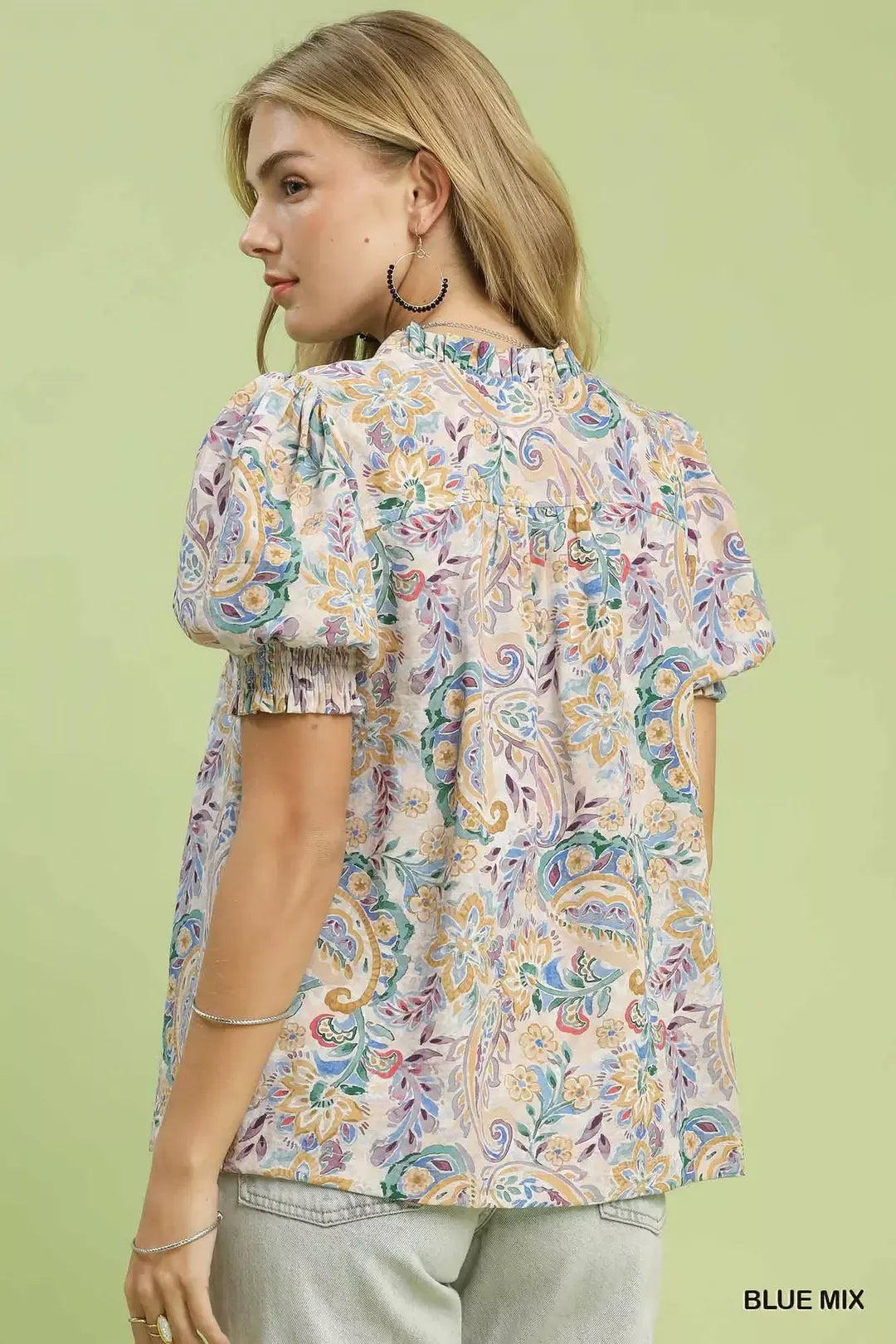 Ruffled V-neck paisley floral puff sleeve top