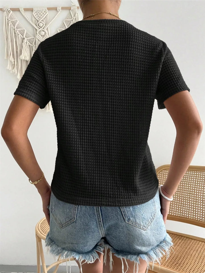 Waffle knit crew neck short sleeve top