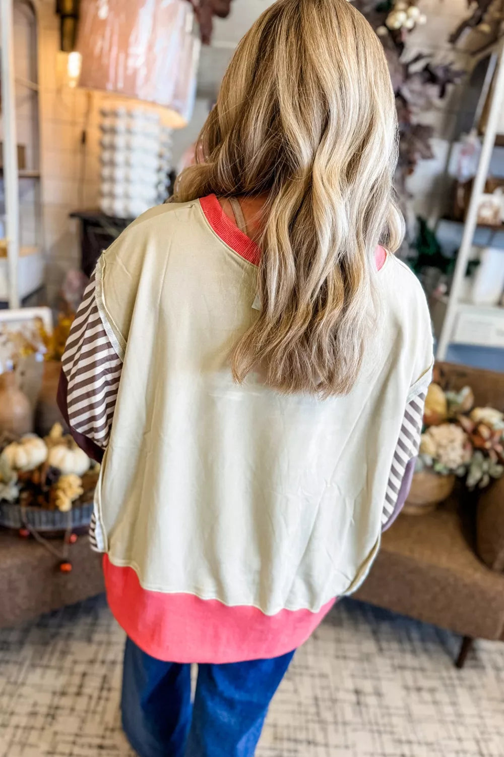 Color block striped dolman sweatshirt with side slit