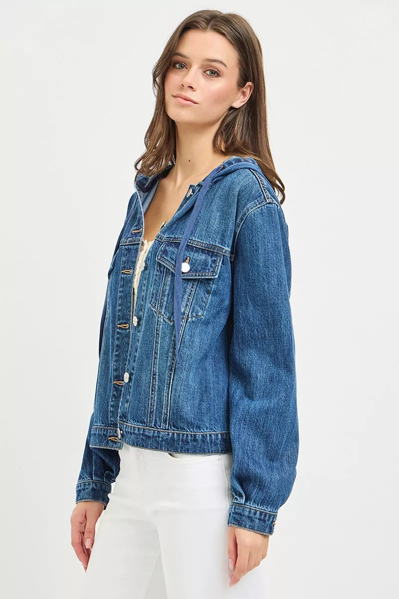 Hooded relaxed-fit denim jacket with drawstring