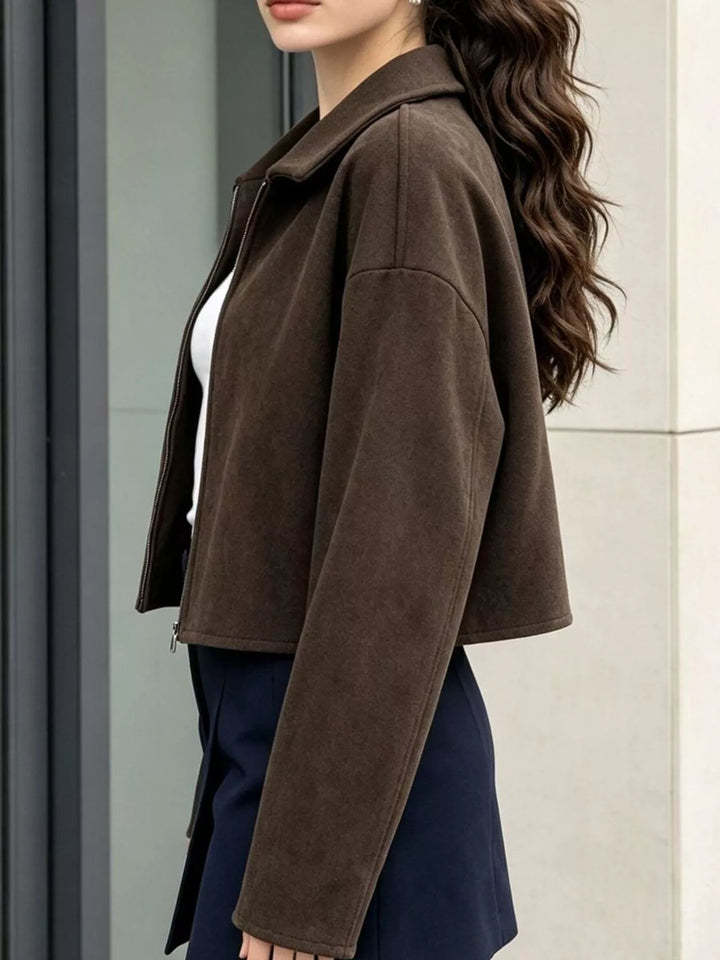 Cropped zip-up jacket with dropped shoulders and collar