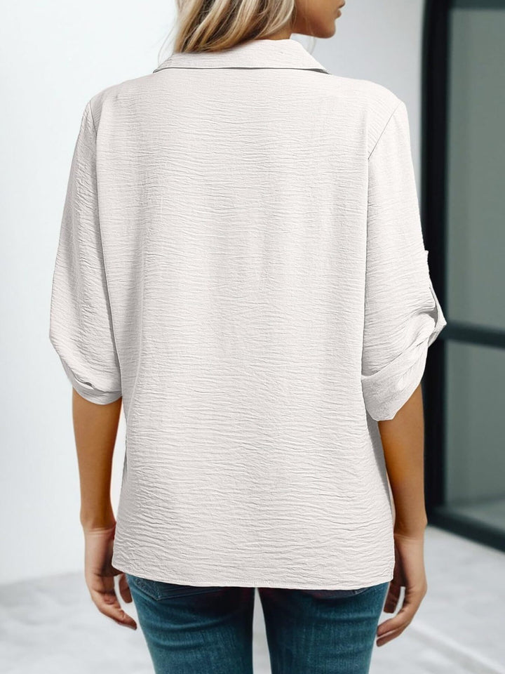 Johnny collar blouse with crochet lace trim and roll-tab sleeves