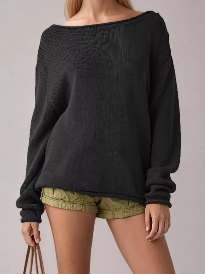 Black Striped oversized boat neck sweater with drop shoulders