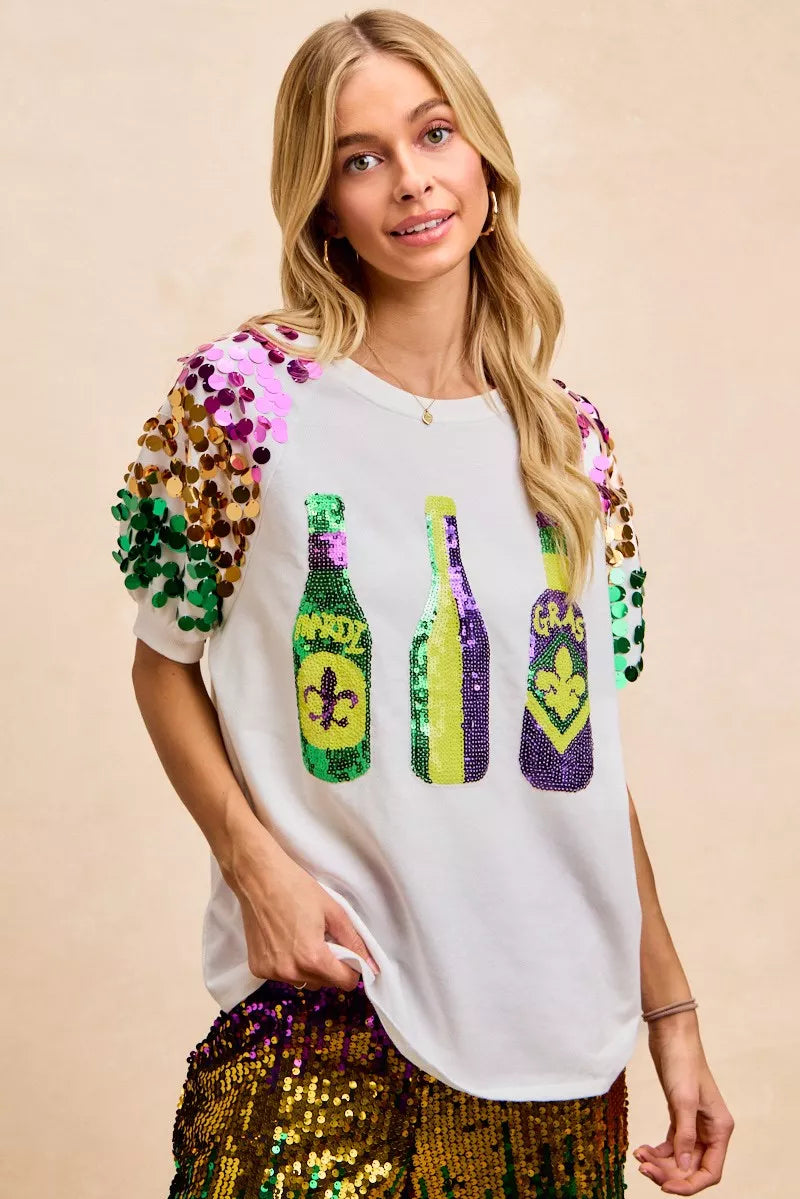 Sequin Mardi Gras bottles graphic tee with paillette sleeves