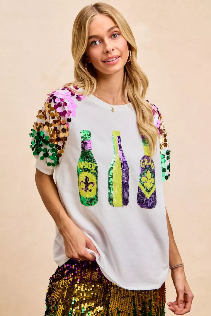 Sequin Mardi Gras bottles graphic tee with paillette sleeves