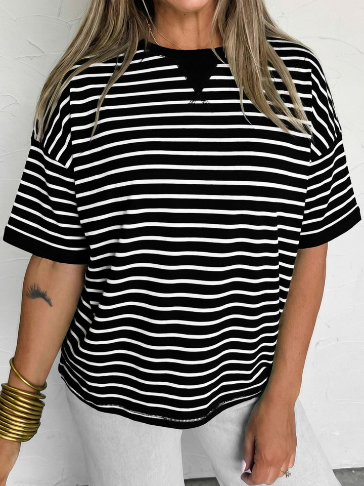 Striped ribbed patchwork half-sleeve crew neck tee