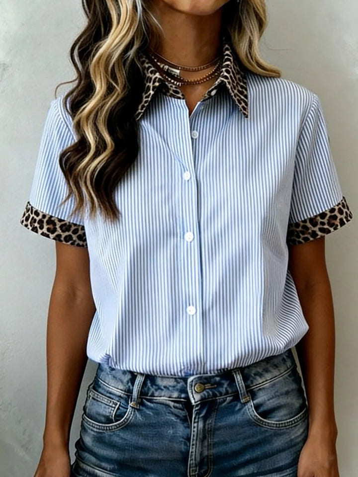 Light Blue Striped short-sleeve button-down with leopard collar and cuffs