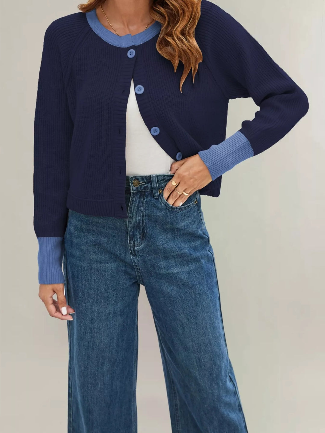 Dark Blue Ribbed knit cardigan with contrast trim and button front
