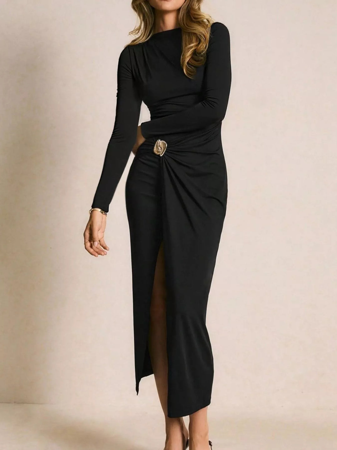 Ruched long-sleeve maxi dress with high front slit