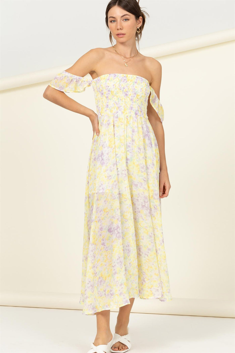 Pastel Florals Smocked Midi Dress - Azoroh