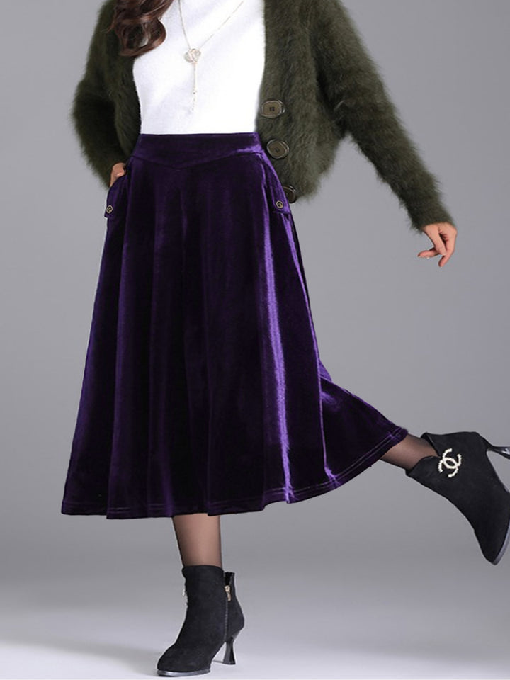 Plus size velvet A-line midi skirt with side pocket