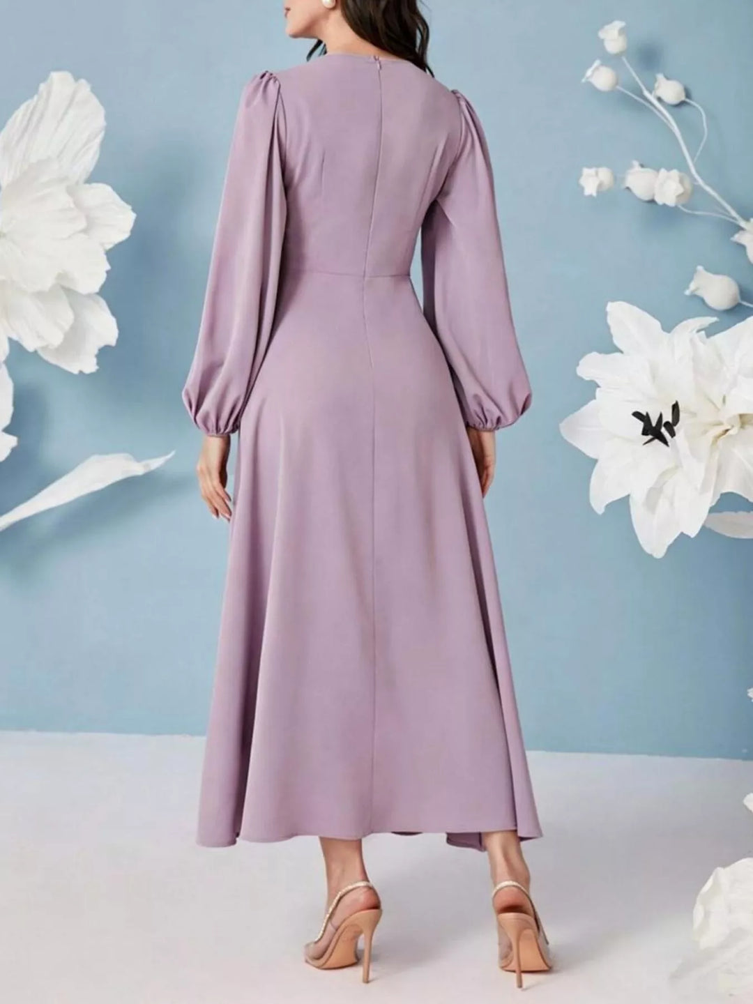 V-neck balloon sleeve maxi dress with button bodice