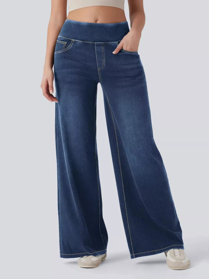 Dark Blue High-rise pull-on wide leg jeans with side pockets