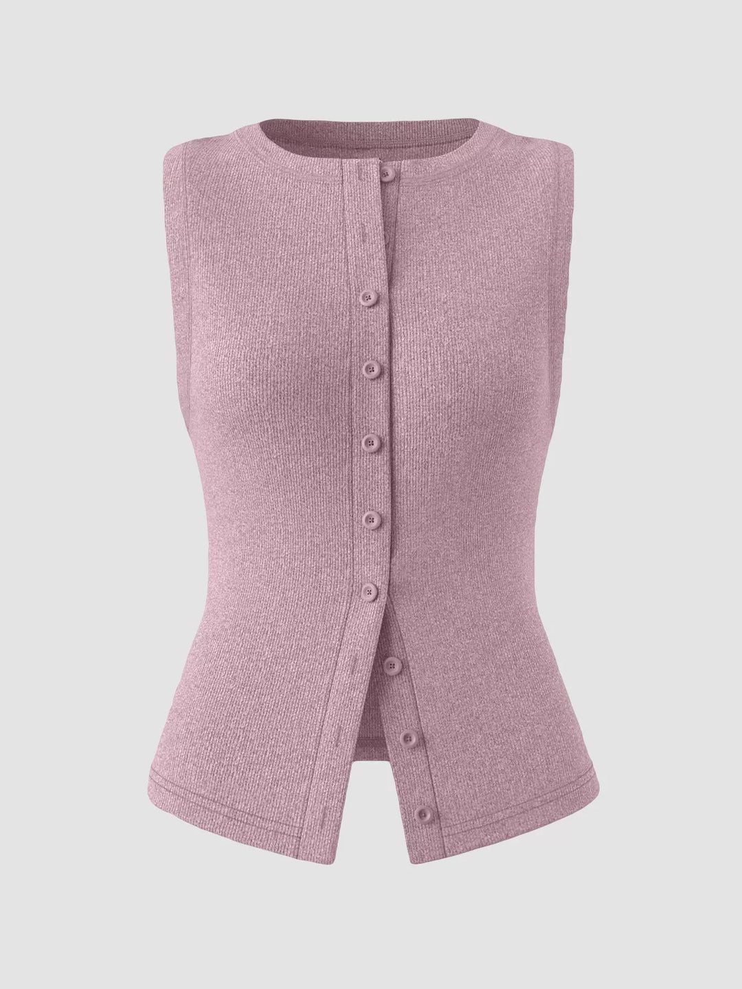 Ribbed mock-neck button-front sleeveless tank