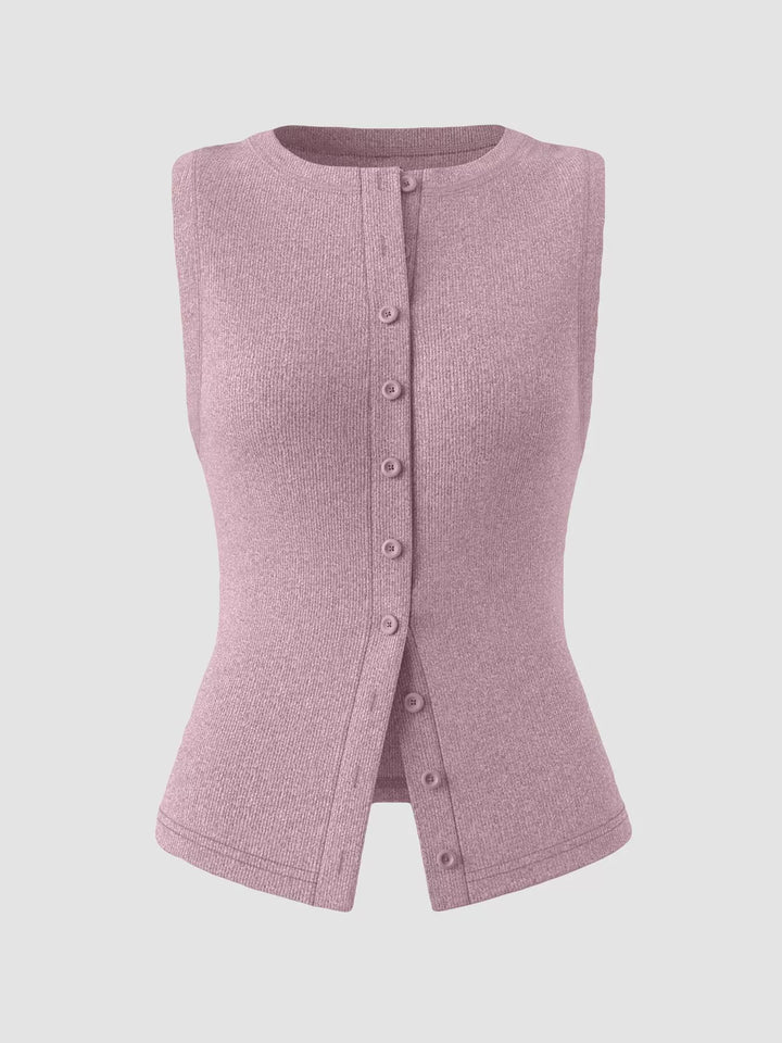Ribbed mock-neck button-front sleeveless tank