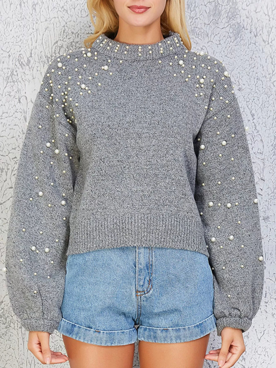 Pearl-embellished mock neck sweater with balloon sleeves