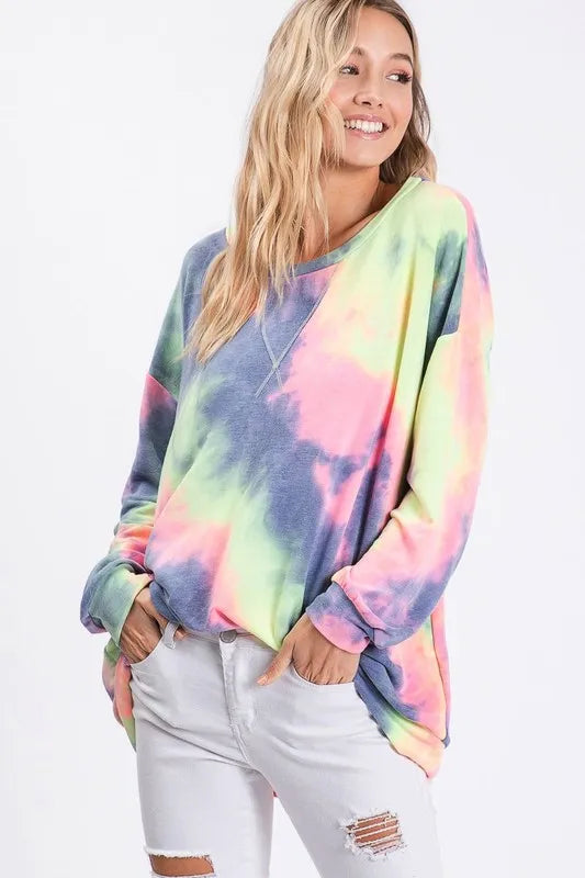 Tie-dye French terry pullover top with ribbed cuffs