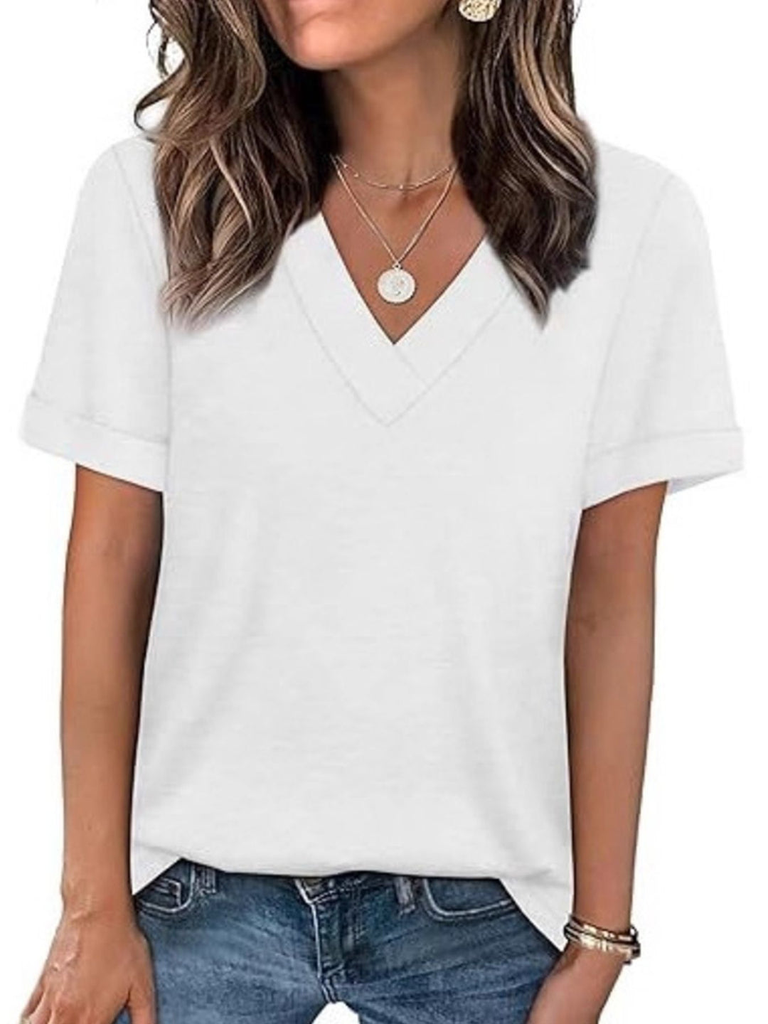 White Relaxed V-neck short sleeve tee with rolled cuffs