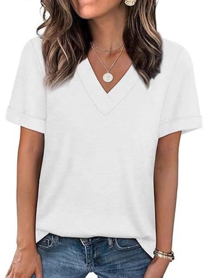 White Relaxed V-neck short sleeve tee with rolled cuffs