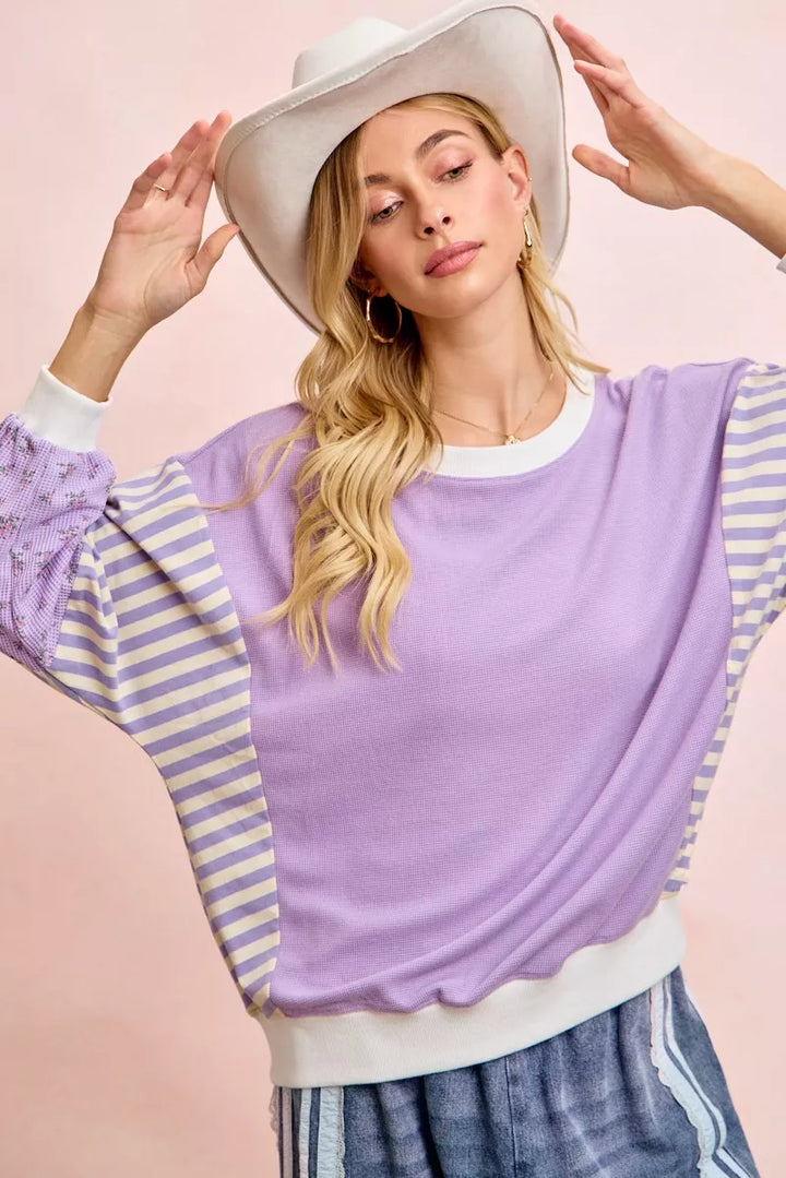 Mix-print waffle knit sweatshirt with striped and floral sleeves