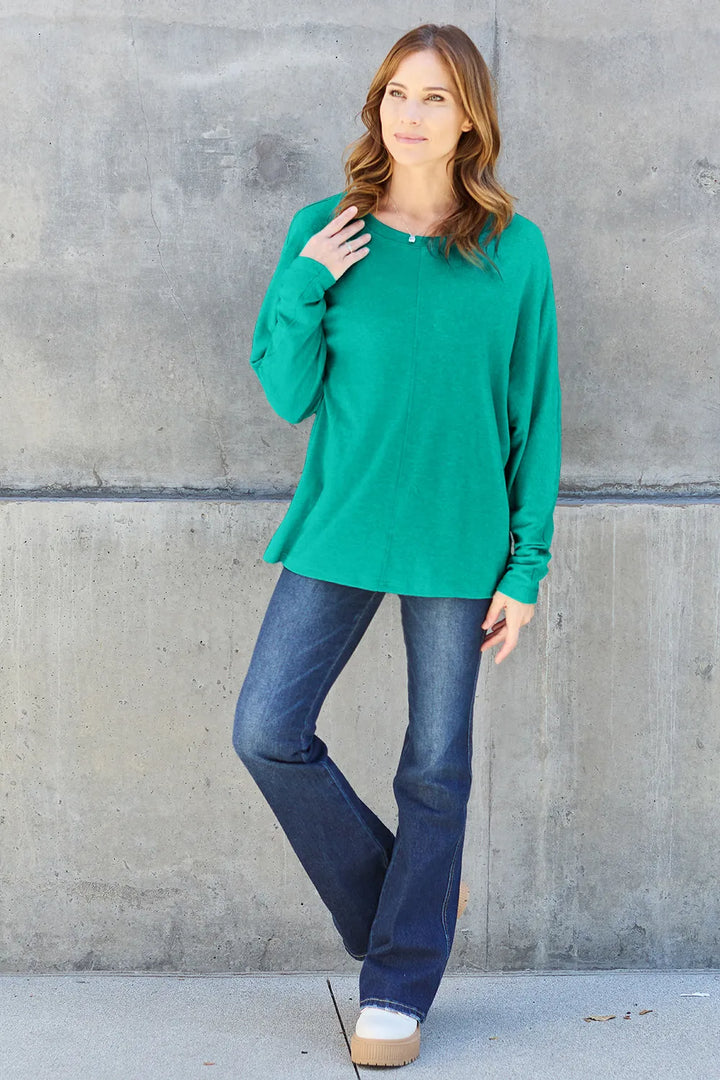 Relaxed drop-shoulder round neck long sleeve top