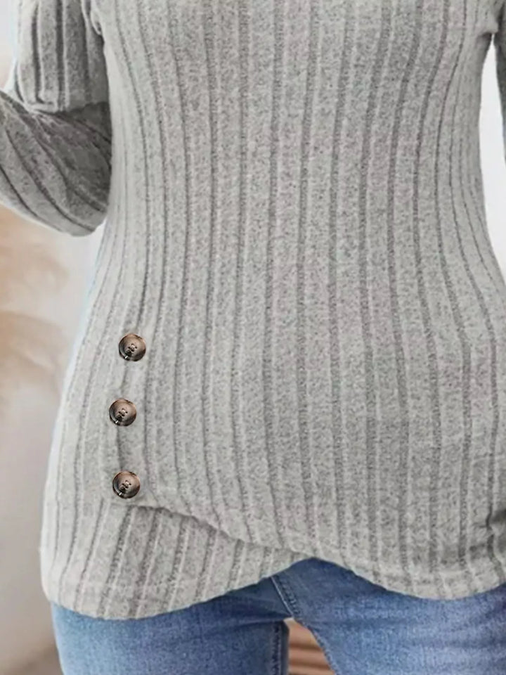 Ribbed knit notched-neck long sleeve top with side buttons