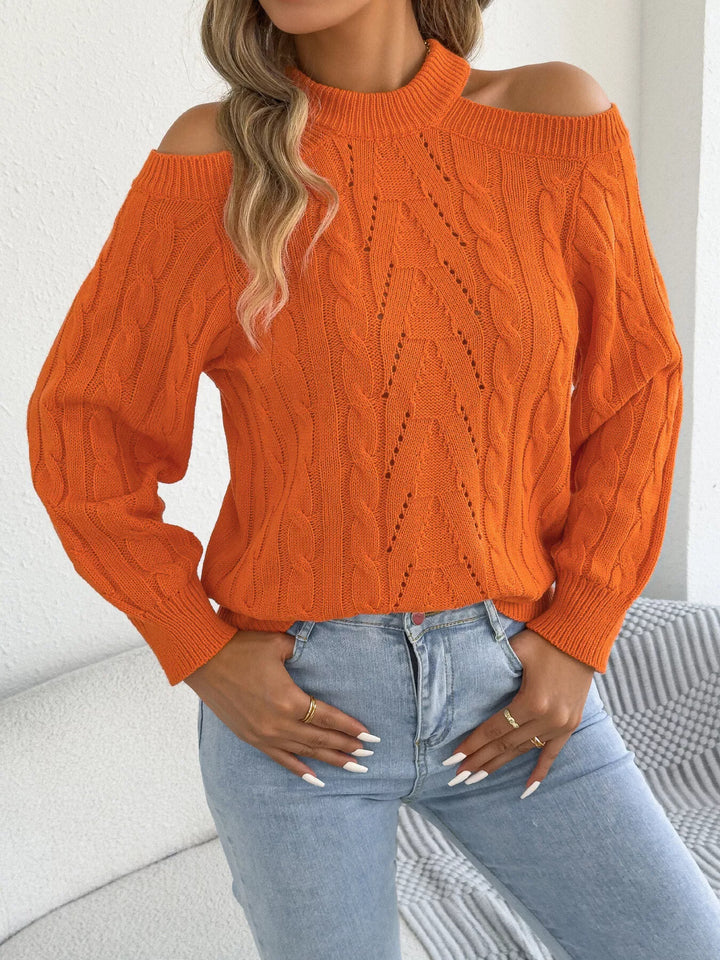 Cold shoulder cable knit mock neck sweater